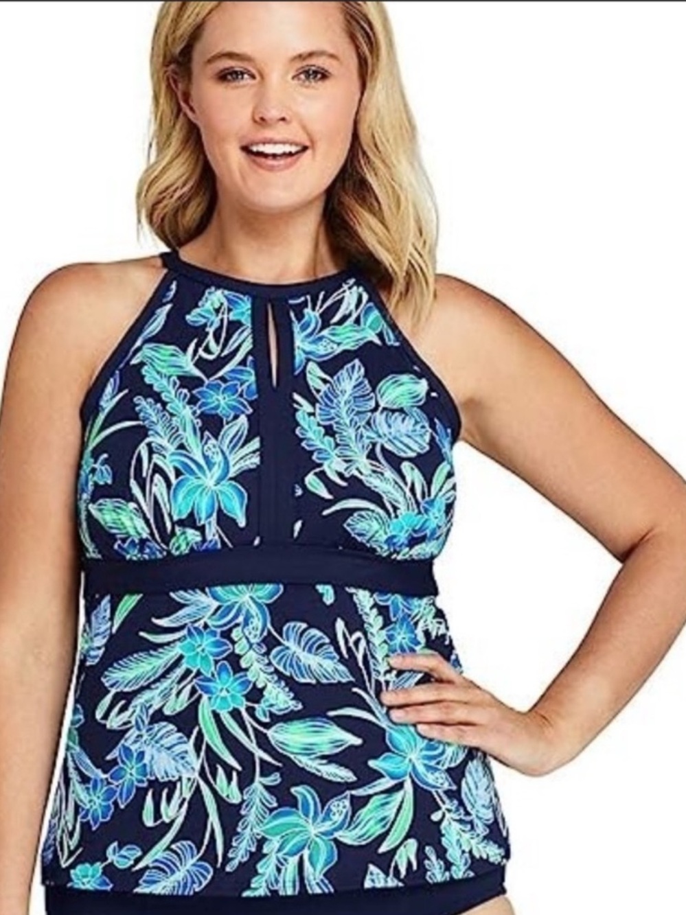 NWOT Lands' End Navy Floral High-Neck Keyhole Tankini Top